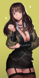 Rule 34 | 1girl, blade &amp; soul, breasts, brown eyes, brown hair, brown thighhighs, cain (gunnermul), cleavage, clenched hand, garter straps, green background, jewelry, long hair, necklace, parted lips, simple background, smile, solo, sparkle, thighhighs