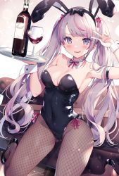Rule 34 | 1girl, alcohol, animal ears, armband, armpits, blush, bottle, bow, breasts, brown pantyhose, character request, cleavage, copyright request, couch, cup, drinking glass, fake animal ears, fishnets, hair bow, hair ribbon, headband, highres, kat (bu-kunn), leotard, long hair, looking at viewer, medium breasts, multicolored hair, pantyhose, plate, playboy bunny, purple eyes, rabbit ears, ribbon, silver hair, smile, solo, streaked hair, swept bangs, twintails, v, very long hair, wine, wine bottle, wine glass