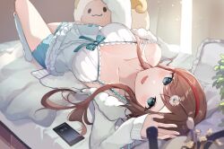 Rule 34 | 1girl, :3, aqua bow, bed, blanket, blue eyes, blue pants, blush, bow, breasts, brown hair, camisole, cardigan, cellphone, cleavage, collarbone, commentary, dutch angle, fake phone screenshot, fake screenshot, fur trim, hand up, highres, horns, iu (iuiu1103), kneehighs, kurusu natsume, kurusu natsume (3rd costume), large breasts, light smile, lingerie, long hair, looking at viewer, lying, multicolored hair, nijisanji, off shoulder, on back, open mouth, pants, phone, pillow, plant, red hair, saliva, sheep, sheep horns, sleeves past wrists, smartphone, socks, solo, streaked hair, stuffed animal, stuffed toy, sunlight, tears, underwear, virtual youtuber, waking up, white camisole, window shadow