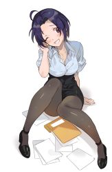 Rule 34 | 1girl, ahoge, arm support, blush, breasts, brown eyes, brown hair, brown pantyhose, cleavage, collared shirt, earrings, embarrassed, fallen down, high-waist skirt, high heels, idolmaster, idolmaster (classic), inzup, jewelry, legs, miura azusa, office lady, pantyhose, papers, pencil skirt, purple hair, shirt, short hair, sitting, skirt, smile, solo, sweatdrop, zupzup