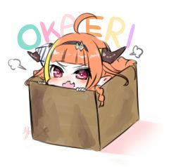 Rule 34 | age regression, aged down, ahoge, black hairband, blonde hair, blunt bangs, blush, bow, bowtie, box, braid, cardboard box, child, commentary request, diagonal-striped bow, dragon girl, dragon horns, fangs, hairband, hololive, horn bow, horn ornament, horns, in box, in container, isuka, kiryu coco, long hair, multicolored eyes, multicolored hair, open mouth, orange hair, pink eyes, pointy ears, puff of air, purple eyes, signature, simple background, single braid, skin fangs, solo, streaked hair, striped, striped bow, text focus, virtual youtuber, white background