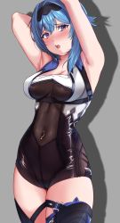 Rule 34 | 1girl, armpits, arms up, blue hair, blush, bodysuit, breasts, covered navel, eula (genshin impact), genshin impact, grey background, highres, large breasts, looking at viewer, medium hair, nose blush, open mouth, purple eyes, round teeth, ryudraw, solo, teeth, thighhighs, thighs, zettai ryouiki