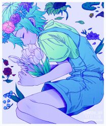 Rule 34 | 1boy, aqua hair, artist name, basil (headspace) (omori), basil (omori), bellflower, blue overalls, border, child, closed eyes, commentary, feet out of frame, flower, flower wreath, from above, green shirt, head wreath, highres, holding, holding flower, leaf, lying, male focus, maromichan, omori, on side, overalls, profile, purple background, purple tulip, red flower, red rose, rose, shirt, short hair, short sleeves, simple background, smile, solo, sunflower, symbol-only commentary, t-shirt, tulip, twitter username, white border, wilted flower