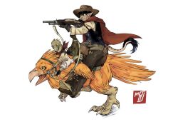 Rule 34 | 1boy, 1other, all tomorrows, androgynous, artist name, bandana, black hair, blue vest, brown hat, cape, cowboy, cowboy hat, creature, fang, fang out, fangs, furry, gun, hat, holding, holding gun, holding weapon, killer folk, male focus, msra004, open mouth, pointy ears, red bandana, red cape, riding, saurosapient, short hair, shorts, simple background, tail, tongue, v-shaped eyebrows, vest, weapon, western, white background, white shorts, yellow eyes