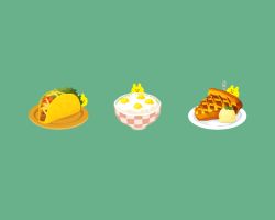 Rule 34 | apple pie, bowl, cheese, food, food focus, fork, green background, ice cream, ice cream scoop, leaf, meat, no humans, nona drops, original, pie, plate, rice, simple background, smile, taco