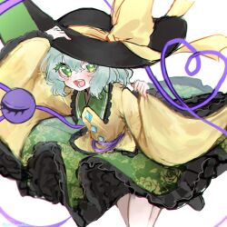 Rule 34 | aorin oekaki, buttons, commentary request, diamond button, eyeball, frilled shirt collar, frilled sleeves, frills, green eyes, green hair, green skirt, happy, hat, heart, heart-shaped pupils, highres, komeiji koishi, looking at viewer, ribbon, shirt, simple background, skirt, smile, symbol-shaped pupils, third eye, touhou, twitter username, wide sleeves, yellow ribbon, yellow shirt