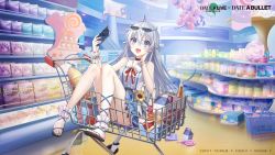 Rule 34 | 1girl, ahoge, ass, bare arms, bread, date a live: date a bullet, date a live: spirit pledge, eyewear on head, food, grey eyes, highres, higoromo hibiki, holding, holding phone, long hair, nail polish, open mouth, phone, sandals, shopping basket, shopping cart, silver hair, sitting, smile, solo
