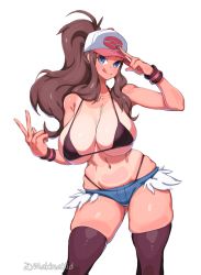 Rule 34 | 1girl, absurdres, alternate breast size, baseball cap, blue eyes, breasts, brown hair, commentary, creatures (company), curly hair, cutoffs, denim, denim shorts, english commentary, exposed pocket, game freak, hat, high ponytail, highres, hilda (pokemon), large breasts, long hair, makinakid, nintendo, pokemon, pokemon bw, short shorts, shorts, sidelocks, solo