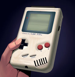 Rule 34 | bad id, bad pixiv id, blue background, commentary, death, game boy, game boy (original), handheld game console, holding, kouno (masao), nintendo, realistic, solo