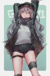 Rule 34 | 1girl, absurdres, allze, artist name, black shorts, blush, brown eyes, character name, g11 (girls&#039; frontline), girls&#039; frontline, grey hair, highres, long hair, looking at viewer, parted lips, shorts, solo, very long hair