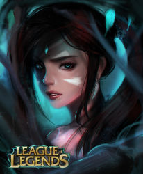 Rule 34 | 1girl, bare shoulders, brown hair, chromatic aberration, copyright name, ear piercing, eyebrows, eyelashes, eyeshadow, facial mark, fang, fang out, from behind, green eyes, jewelry, kyung han kim, league of legends, lips, long hair, looking at viewer, looking back, makeup, nidalee, nose, piercing, ponytail, portrait, revision, ringed eyes, solo, tribal