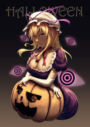 Rule 34 | 1girl, absurdres, backlighting, black background, blonde hair, blue eyes, bow, breasts, brown background, choker, cleavage, colorized, dress, elbow gloves, frilled dress, frills, gloves, gradient background, gradient eyes, hair bow, halloween, hat, hat ribbon, highres, hip focus, jack-o&#039;-lantern, large breasts, leaning forward, light, long hair, looking at viewer, mob cap, muka (ghost like), multicolored eyes, purple eyes, ribbon, ribbon choker, short sleeves, sidelocks, smirk, solo, tongue, tongue out, touhou, white gloves, yakumo yukari
