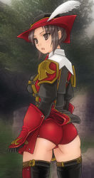 Rule 34 | 00s, 1girl, :o, ass, belt, brown eyes, brown hair, cloritin, feathers, final fantasy, final fantasy xi, gloves, hat, highres, hume, red mage (final fantasy), short hair, short shorts, shorts, skindentation, solo, thighhighs