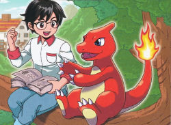 Rule 34 | 1boy, :d, black hair, blue eyes, book, brown eyes, charmander trainer (pokekyun), charmeleon, chimney, claws, creature, creatures (company), denim, eye contact, fangs, fiery tail, fire, fire, flame-tipped tail, game freak, gen 1 pokemon, happy, holding, holding book, horns, house, jeans, komayama akira, looking at another, male focus, nintendo, official art, open book, open mouth, pants, pocket, pokemon, pokemon (creature), pokemon tcg, single horn, sitting, smile, tail, third-party source, tree, window