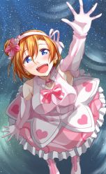 Rule 34 | 1girl, akihila, arm up, blue eyes, blush, bokutachi wa hitotsu no hikari, boots, breasts, commentary request, dress, earrings, elbow gloves, facing viewer, from above, gloves, hair bun, highres, jewelry, kosaka honoka, looking at viewer, love live!, love live! school idol project, medium breasts, open mouth, orange hair, pink dress, pink footwear, pink gloves, reaching, reaching towards viewer, short hair, side bun, single side bun, smile, solo, translation request