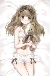 Rule 34 | 1girl, bad id, bad pixiv id, bandages, bandaged head, bandages, bare arms, bare shoulders, bed sheet, blush, bow, bra, braid, breasts, brown bow, brown hair, cinderella bust, collarbone, dakimakura (medium), fingernails, green eyes, hair bow, haruri, head tilt, highres, long hair, lying, on back, original, panties, parted lips, small breasts, solo, striped, striped bow, stuffed animal, stuffed toy, tears, teddy bear, underwear, underwear only, white bra, white panties