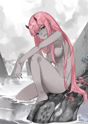 Rule 34 | 10s, 1girl, arm on knee, arm support, barefoot, breasts, cloud, colored skin, convenient leg, darling in the franxx, from side, green eyes, grey sky, grey theme, hair censor, highres, horns, long hair, looking at viewer, medium breasts, nude, open mouth, outdoors, outstretched arm, pink hair, sitting, sky, solo, teeth, very long hair, water, wet, zero two (darling in the franxx)