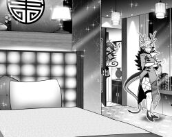 Rule 34 | 2girls, ^^^, antlers, armor, bed, blush, breasts, commentary request, dragon girl, dragon tail, earrings, flower, full body, greyscale, half-skirt, high heels, highres, horns, hotel room, indoors, jewelry, kicchou yachie, lamp, long bangs, looking at viewer, monkey tail, monochrome, multiple girls, multiple rings, open mouth, pauldrons, peeking out, pillow, pointy ears, ring, ryuuichi (f dragon), shirt, short hair, short sleeves, shoulder armor, small breasts, smile, socks, son biten, sparkle, standing, tail, touhou, turtle shell, vase, window