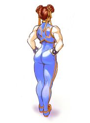 Rule 34 | 1girl, alternate costume, biceps, brown hair, capcom, chun-li, commentary, double bun, english commentary, faux traditional media, from behind, full body, hair ribbon, hands on own hips, kneepits, maddestmao, milestone celebration, muscular, muscular female, painting (medium), ribbon, shoes, short hair, sleeveless, sneakers, solo, standing, street fighter, street fighter zero (series), striped, studded bracelet, thick thighs, thighs, traditional media, unitard, updo, vertical stripes, vest, watercolor (medium), white background, yellow ribbon
