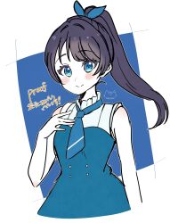 Rule 34 | 1girl, absurdres, blue background, blue bow, blue dress, blue eyes, blue hair, blue necktie, blush, border, bow, buttons, closed mouth, commentary, congratulations, dark blue hair, double-breasted, dress, hair bow, hand up, high ponytail, highres, link! like! love live!, lone nape hair, long hair, looking at viewer, love live!, mole, mole on neck, murano sayaka, necktie, noanekosan, official alternate costume, outside border, ponytail, proof (love live!), simple background, sleeveless, sleeveless dress, smile, solo, song name, split mouth, upper body, virtual youtuber, white border