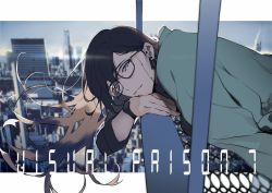 Rule 34 | 1boy, black hair, closed mouth, copyright name, ear piercing, earrings, glasses, green eyes, head rest, highres, jewelry, katagiri ikumi, long sleeves, looking at viewer, male focus, mist flaive, outside border, piercing, smile, solo, visual prison