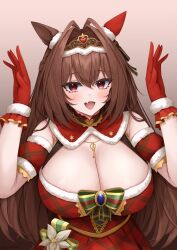 Rule 34 | 1girl, absurdres, animal ears, blush, breasts, brown hair, christmas, commentary request, daiwa scarlet (scarlet nuit etoile) (umamusume), daiwa scarlet (umamusume), fang, gloves, gradient background, hair intakes, hands up, highres, horse ears, horse girl, large breasts, long hair, looking at viewer, official alternate costume, open mouth, purple eyes, red gloves, simple background, skin fang, smile, tiara, ueyama 0clock, umamusume, upper body