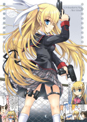 Rule 34 | 1boy, 1girl, artist name, blonde hair, blue eyes, bow, bowtie, chain-link fence, company name, crescent moon, dual wielding, english text, fence, from behind, gun, hair ribbon, heart, holding, izumi rei, little busters!, long hair, long sleeves, looking at viewer, looking back, moon, naoe riki, plaid, plaid skirt, profile, ribbon, school uniform, skirt, speech bubble, standing, sweatdrop, thigh strap, tokido saya, translation request, very long hair, weapon, white legwear