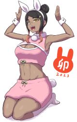 Rule 34 | 1girl, 2023, :d, absurdres, animal ears, arms up, black hair, brown eyes, chinese zodiac, cleavage cutout, clothing cutout, commentary, cropped shirt, dark-skinned female, dark skin, fake animal ears, fake tail, full body, fur collar, hair bun, hair ornament, half-closed eyes, highres, kneeling, looking at viewer, midriff, miniskirt, monocle, multicolored hair, new year, open mouth, original, pencil skirt, pink hair, pink shirt, pink skirt, rabbit ears, rabbit hair ornament, rabbit pose, rabbit tail, shirt, short hair, sidelocks, simple background, skirt, sleeveless, sleeveless shirt, smile, socks, solo, swept bangs, tail, translated, two-tone hair, white background, white socks, wrist cuffs, year of the rabbit, yougata