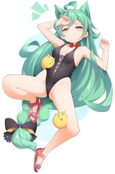 Rule 34 | 1girl, absurdres, ahoge, akashi (azur lane), animal ears, azur lane, bare arms, bare legs, bare shoulders, bell, bird, black bow, black one-piece swimsuit, bow, bowtie, braid, breasts, cameltoe, cat ears, chick, commission, full body, green hair, hair bow, highleg, highleg swimsuit, highres, jingle bell, kandori, long hair, looking at viewer, low-braided long hair, low-tied long hair, one-piece swimsuit, parted lips, pink footwear, red bow, red bowtie, sandals, simple background, small breasts, solo, swimsuit, very long hair, white background, yellow eyes