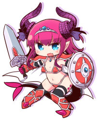 Rule 34 | 1girl, black thighhighs, blue eyes, blush, capelet, chibi, elizabeth bathory (brave) (fate), elizabeth bathory (fate), fate/grand order, fate (series), flat chest, holding, holding shield, holding sword, holding weapon, horns, long hair, looking at viewer, naga u, navel, open mouth, pink hair, shield, smile, solo, sword, thighhighs, tiara, v-shaped eyebrows, weapon