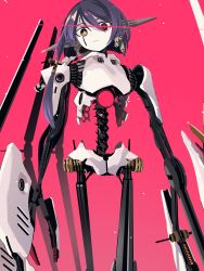 Rule 34 | 1girl, android, asymmetrical hair, colored skin, commentary request, etrian odyssey, glowing, glowing eyes, heterochromia, highres, humanoid robot, idkuroi, joints, long arms, looking at viewer, olympia (sekaiju), orange eyes, oversized forearms, oversized limbs, pink background, purple hair, red eyes, robot, robot joints, sekaiju no meikyuu, sekaiju no meikyuu 3, solo, spine, white skin