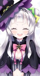 Rule 34 | 1girl, black capelet, black headwear, black shirt, blouse, blunt bangs, blush, bow, bowtie, breasts, capelet, cleavage, closed eyes, cocozasa, commentary request, cone hair bun, crop top, cropped shirt, frilled capelet, frills, grey hair, grey shirt, hair bun, hair ornament, hairband, half updo, hat, hexagram hair ornament, highres, hololive, long hair, long sleeves, looking at viewer, midriff, murasaki shion, murasaki shion (1st costume), open mouth, pink bow, pink bowtie, pinstripe pattern, pinstripe shirt, purple capelet, shiny skin, shirt, short eyebrows, side bun, sidelocks, single side bun, small breasts, smile, solo, star (symbol), striped clothes, striped shirt, teeth, tilted headwear, upper body, upper teeth only, vertical-striped clothes, vertical-striped shirt, virtual youtuber, witch hat, yellow eyes