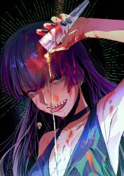 Rule 34 | 1girl, arm up, armpits, bare shoulders, black background, black choker, black nails, blue eyes, bocchi the rock!, breasts, champagne flute, choker, cleavage, commentary request, cup, dirty, dirty clothes, dirty face, drinking glass, hair down, highres, hiroi kikuri, holding, holding cup, long hair, looking at viewer, lowlifescore, nail polish, official alternate costume, official alternate hairstyle, open mouth, pouring, pouring onto self, purple hair, ringed eyes, sharp teeth, small breasts, smile, solo, spilling, stain, stained clothes, teeth, tongue, tongue out, upper body