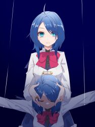 Rule 34 | 2girls, ahoge, aizawa kazuha, assault lily, behind another, black shirt, blue background, blue eyes, blue hair, blue skirt, bow, bowtie, breasts, buttons, clone, closed eyes, closed mouth, collared shirt, commentary, fingernails, frilled skirt, frills, gradient background, gumoyu, hair between eyes, hands on another&#039;s head, hands up, herensuge girls academy school uniform, highres, jacket, jewelry, long sleeves, looking at viewer, medium breasts, medium hair, miniskirt, multiple girls, outstretched arms, red bow, red bowtie, ring, school uniform, shirt, skirt, spread arms, standing, string, white jacket