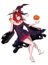 Rule 34 | 1girl, alternate costume, bare shoulders, barefoot, black shirt, breasts, chain, dress, full body, halloween, halloween costume, hat, hat ornament, hecatia lapislazuli, jack-o&#039;-lantern, jewelry, legs, long sleeves, looking at viewer, nail polish, off-shoulder dress, off shoulder, pendant, pleated skirt, red eyes, red hair, shirt, simple background, skirt, skull, smile, solo, thighs, toenail polish, toenails, touhou, twitter username, white background, wide sleeves, witch, witch hat, yagami (nadegami)