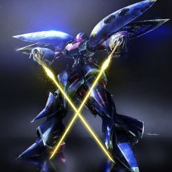 Rule 34 | absurdres, beam saber, black background, dual wielding, glowing, glowing eyes, gundam, gundam zz, highres, holding, holding sword, holding weapon, looking at viewer, mecha, mobile suit, no humans, pink eyes, qubeley, qubeley mk ii, robot, science fiction, solo, standing, sword, taka-f, weapon