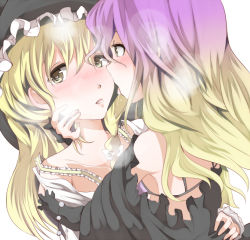 Rule 34 | 2girls, arm around back, arm around neck, arm around shoulder, back, bad id, bad pixiv id, beads, black dress, blonde hair, blush, bow, bra, bra strap, clothes pull, collarbone, dress, dress pull, frilled hat, frills, from behind, gradient hair, hair bow, hat, heart, heart-shaped pupils, heavy breathing, hijiri byakuren, kirisame marisa, lips, long hair, looking at another, looking away, multicolored hair, multiple girls, purple bra, purple hair, saliva, saliva trail, shuga (soranote), simple background, symbol-shaped pupils, tongue, tongue out, touhou, underwear, white background, witch hat, yuri