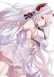 Rule 34 | 1girl, :q, adapted costume, alternate costume, antenna hair, armpit peek, azur lane, bare shoulders, blush, breasts, bridal gauntlets, bridal veil, brown eyes, clothes lift, collarbone, dated, dress, dress lift, flower, garter straps, gloves, hair ornament, half-closed eyes, headgear, jewelry, large breasts, lifted by self, long hair, looking at viewer, mimelond, mole, mole on breast, multicolored hair, nail polish, no bra, parted lips, pink lips, pink nails, prinz eugen (azur lane), prinz eugen (symphonic fate) (azur lane), ring, rose, see-through, sideboob, signature, simple background, skirt, skirt lift, solo, thighhighs, thighs, tongue, tongue out, two side up, veil, very long hair, wedding band, wedding dress, white background, white dress, white flower, white footwear, white gloves, white hair, white rose, white thighhighs