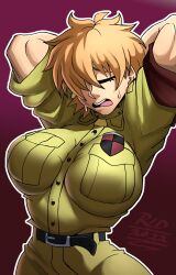 Rule 34 | 1girl, absurdres, arms behind head, belt, blonde hair, breasts, closed eyes, commentary, crimsonrld, emblem, english commentary, hair over one eye, hellsing, highres, large breasts, seras victoria, shirt, short hair, simple background, sleeves rolled up, standing, taut clothes, taut shirt, uniform, watermark