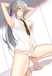 Rule 34 | 1girl, armpits, arms behind head, arms up, bare legs, barefoot, blurry, blush, cameltoe, closed mouth, collared shirt, commission, covered erect nipples, depth of field, female pubic hair, gluteal fold, green eyes, green necktie, half updo, long hair, looking at viewer, midriff, navel, necktie, no bra, open clothes, open shirt, original, pallad, panties, partially unbuttoned, ponytail, pubic hair, pubic hair peek, shadow, shirt, silver hair, skeb commission, sleeveless, sleeveless shirt, smile, smirk, solo, spread legs, squatting, striped necktie, striped neckwear, thighs, tongue, tongue out, underwear, white panties, white shirt, wing collar