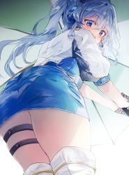 Rule 34 | 1girl, ass, blue hair, blue skirt, blush, boots, from below, gotland (kancolle), headset, highres, holding, holding umbrella, kantai collection, long hair, looking at viewer, mole, mole under eye, nanahamu, official alternate costume, open mouth, ponytail, race queen, skirt, solo, thigh boots, thigh strap, thighhighs, umbrella, white footwear
