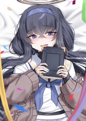 Rule 34 | 1girl, black hair, black undershirt, blue archive, blue eyes, blue neckerchief, blush, book, breasts, brown sweater, cliov, hairband, halo, highres, long hair, long sleeves, looking at viewer, neckerchief, off shoulder, open mouth, sailor collar, school uniform, serafuku, sidelocks, small breasts, solo, sweater, ui (blue archive), very long hair, white sailor collar, white serafuku