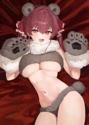 Rule 34 | 1girl, absurdres, animal hands, bed sheet, blush, breasts, fang, fur trim, gloves, hair between eyes, hands up, heterochromia, highres, hololive, houshou kumarine, houshou marine, large breasts, long hair, looking at viewer, lying, midriff, navel, on back, panties, paw gloves, red eyes, red hair, smile, solo, stomach, tay (cdjk7758), twintails, underboob, underwear, virtual youtuber, yellow eyes