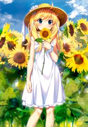 Rule 34 | 10s, 1girl, absurdres, ahoge, blonde hair, blue eyes, blush, comptiq, covering own mouth, day, dress, flower, french text, grisaia (series), grisaia no kajitsu, grisaia no meikyuu, hair ribbon, hat, highres, holding, holding flower, long hair, looking at viewer, matsushima michiru, official art, ribbon, scan, short eyebrows, solo, standing, sun hat, sundress, sunflower, twintails, watanabe akio, white dress