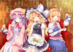 Rule 34 | 3girls, alice margatroid, apron, blonde hair, blue dress, bow, braid, capelet, coat, cookie, couch, crescent, cup, dress, eating, food, hair bow, hairband, hat, hat bow, kirisame marisa, long hair, long sleeves, looking at viewer, mimi (mimi puru), mob cap, multiple girls, open clothes, open coat, open mouth, patchouli knowledge, pouring, puffy short sleeves, puffy sleeves, purple dress, purple eyes, purple hair, sash, shanghai doll, shirt, short hair, short sleeves, single braid, sitting, skirt, skirt set, smile, striped clothes, striped dress, teacup, teapot, touhou, very long hair, vest, waist apron, wide sleeves, witch hat