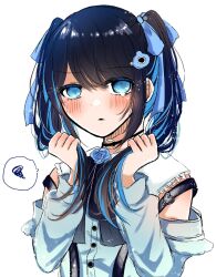 Rule 34 | 1girl, ado (utaite), black choker, black hair, blue eyes, blue hair, blue ribbon, blue shirt, chando (ado), choker, clothing cutout, commentary request, darling dance (vocaloid), frills, hair between eyes, hair ornament, hair ribbon, heart, heart-shaped pupils, highres, jirai kei, light particles, long hair, long sleeves, looking at viewer, multicolored hair, niconico, o-ring, o-ring choker, parted lips, puffy sleeves, ribbon, shirt, shoko (gs music11), shoulder cutout, simple background, solo, spoken squiggle, squiggle, streaked hair, swept bangs, symbol-shaped pupils, tearing up, twintails, upper body, utaite, white background