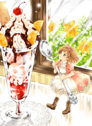 Rule 34 | 1girl, aqua eyes, boots, brown hair, cherry, cross-laced footwear, dress, female focus, flower, food, frills, fruit, full body, hairband, ice cream, indoors, lace-up boots, looking up, mini person, minigirl, nature, original, solo, spoon, sundae, welkin, window