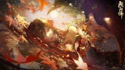 Rule 34 | autumn, autumn leaves, black hair, blurry, depth of field, falling leaves, hair between eyes, hair ornament, highres, japanese clothes, kijo momiji, kokorogari kijo momiji, leaf, leaf hair ornament, leaf on liquid, long hair, looking at viewer, lying, maple leaf, official art, on liquid, onmyoji, red eyes, red lips, stitched mouth, stitches