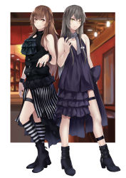 Rule 34 | 2girls, :3, absurdres, alternate costume, alternate hairstyle, bare shoulders, black footwear, blouse, blush, boots, breasts, brown eyes, brown hair, collarbone, dress, full body, girls&#039; frontline, grey hair, hair between eyes, hair ornament, hairclip, hand up, head tilt, high heel boots, high heels, highres, ina (inadiary), jewelry, kneehighs, leg strap, long hair, looking at viewer, medium breasts, multiple girls, official alternate costume, outside border, purple dress, ring, scar, scar across eye, scar on face, scarf, shirt, siblings, sidelocks, sisters, skindentation, skirt, sleeveless, sleeveless shirt, small breasts, smile, socks, standing, striped clothes, striped legwear, striped skirt, striped socks, thigh strap, thighs, twins, ump45 (diamond flower) (girls&#039; frontline), ump45 (girls&#039; frontline), ump9 (girls&#039; frontline), ump9 (the world&#039;s melody) (girls&#039; frontline), very long hair, wedding band, wrist straps, yellow eyes