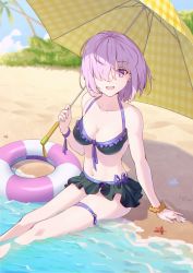Rule 34 | 1girl, alternate costume, artist name, beach, bikini, bikini skirt, black bikini, black skirt, breasts, cleavage, collarbone, commentary request, fate/grand order, fate (series), hair over one eye, highres, holding, holding umbrella, innertube, light purple hair, looking at viewer, mash kyrielight, medium breasts, navel, one eye covered, open mouth, palm tree, parasol, partially submerged, purple eyes, sand, short hair, sitting, skirt, smile, solo, swim ring, swimsuit, tongue, tree, umbrella, water, yeh (354162698), yellow umbrella